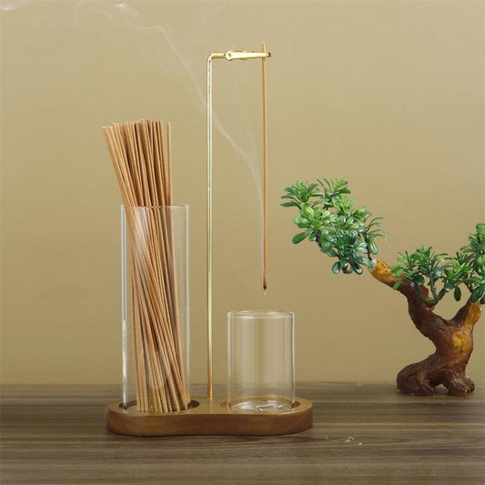 2 in 1 Incense & Candle Holder, 1 Count Wooden Base Aromatherapy Diffuser Incense Burner with Removable Glass Ash Collector, Woody Home Decor Ornament for Living Room Bedroom, Funny Gift, Scented, Aroma, Fragrance Perfume